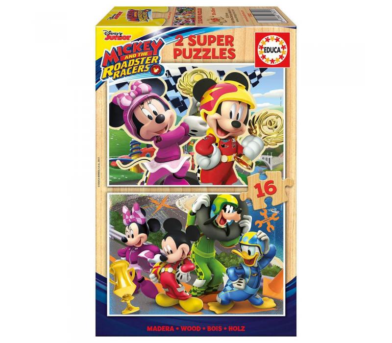 Educa Disney Mickey és az autóversenyzők fa puzzle, 2 x 16 darabos