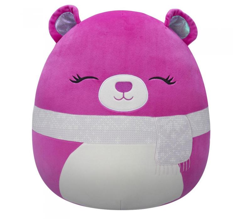 Squishmallows 13 cm - Crisanta a lila medve csukott szemekkel és sállal