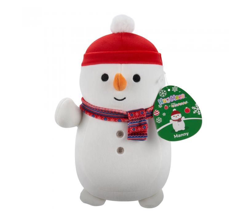 Squishmallows Hugmees 25 cm - Manny a hóember piros sapkában és sállal