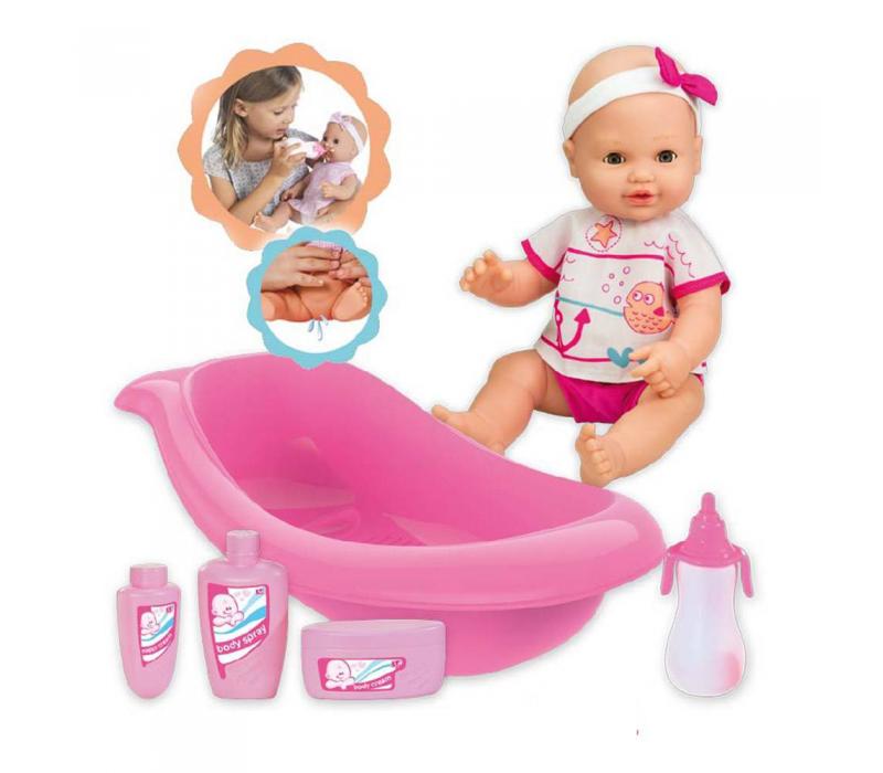 Loko pisilő baba fürdőkáddal, tisztálkodószerekkel és cumisüveggel