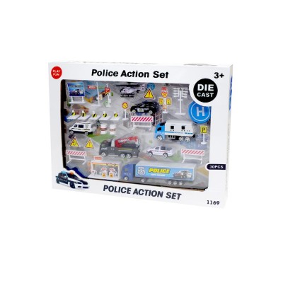 Nagy rendőrségi játékszett fém járművekkel és kiegészítőkkel (Die Cast 30 darabos)